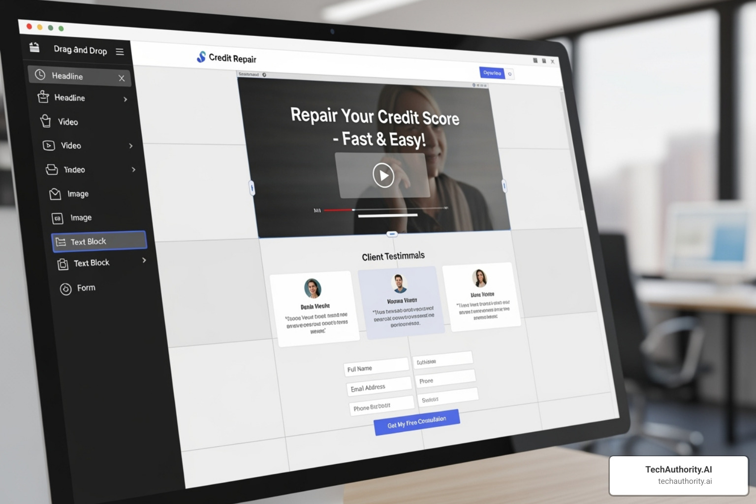 Image of the ClickFunnels drag-and-drop editor interface showing a sample credit repair funnel page with sections for headline, video, testimonials, and an opt-in form - credit repair clickfunnels