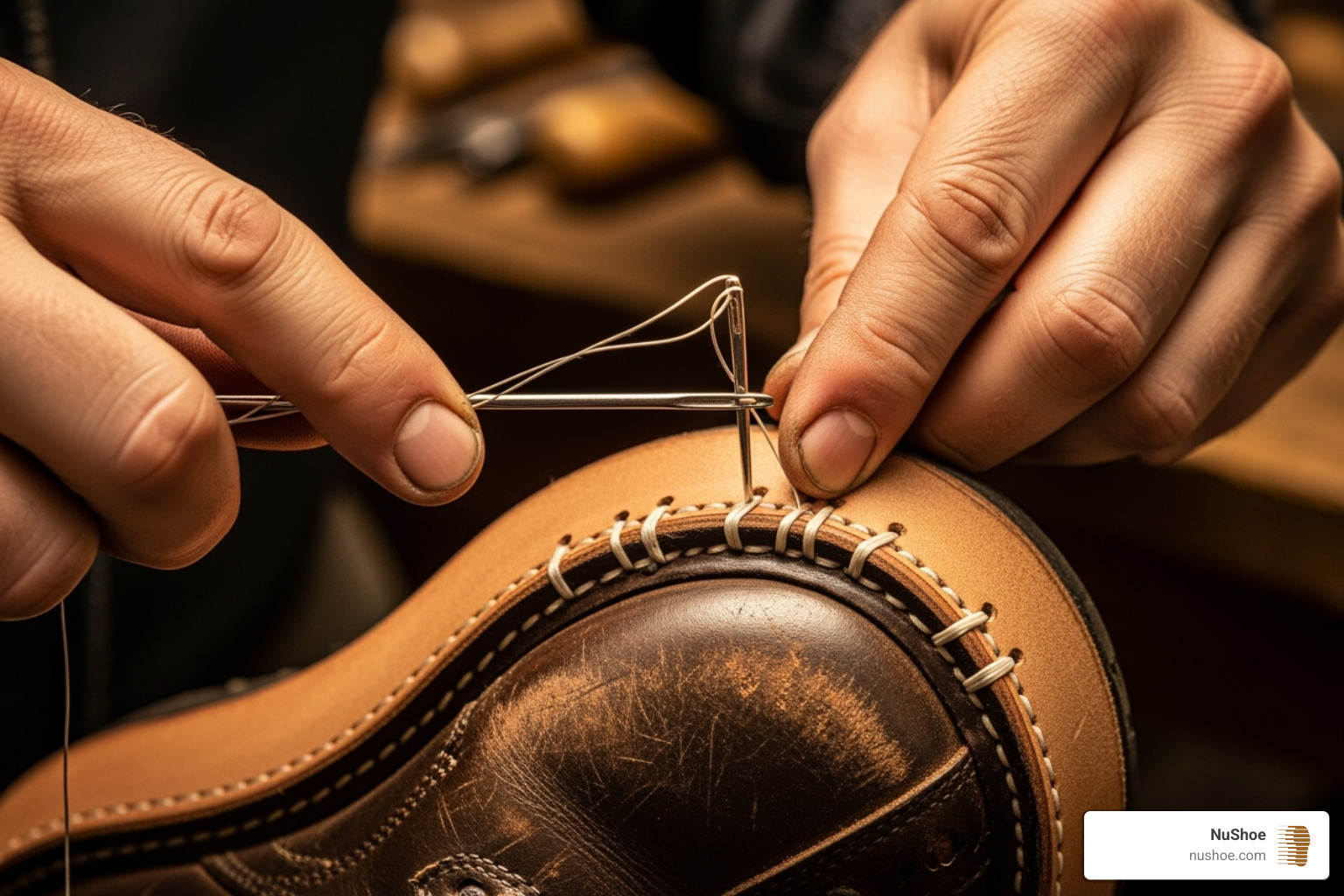 cobbler's hands carefully stitching a new sole onto a boot - boot repair price