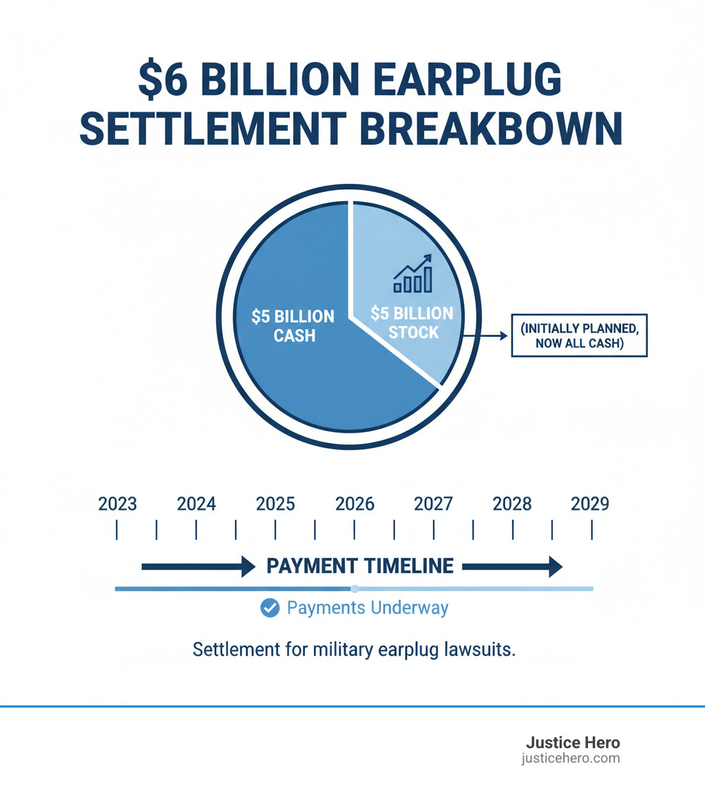 Infographic showing the $6 billion settlement breakdown, including $5 billion in cash and $1 billion in 3M stock, and a timeline for payments from 2023 to 2029 - earplug lawsuit military infographic Infographic showing the $6 billion settlement breakdown, including $5 billion in cash and $1 billion in 3M stock, and a timeline for payments from 2023 to 2029 - earplug lawsuit military infographic