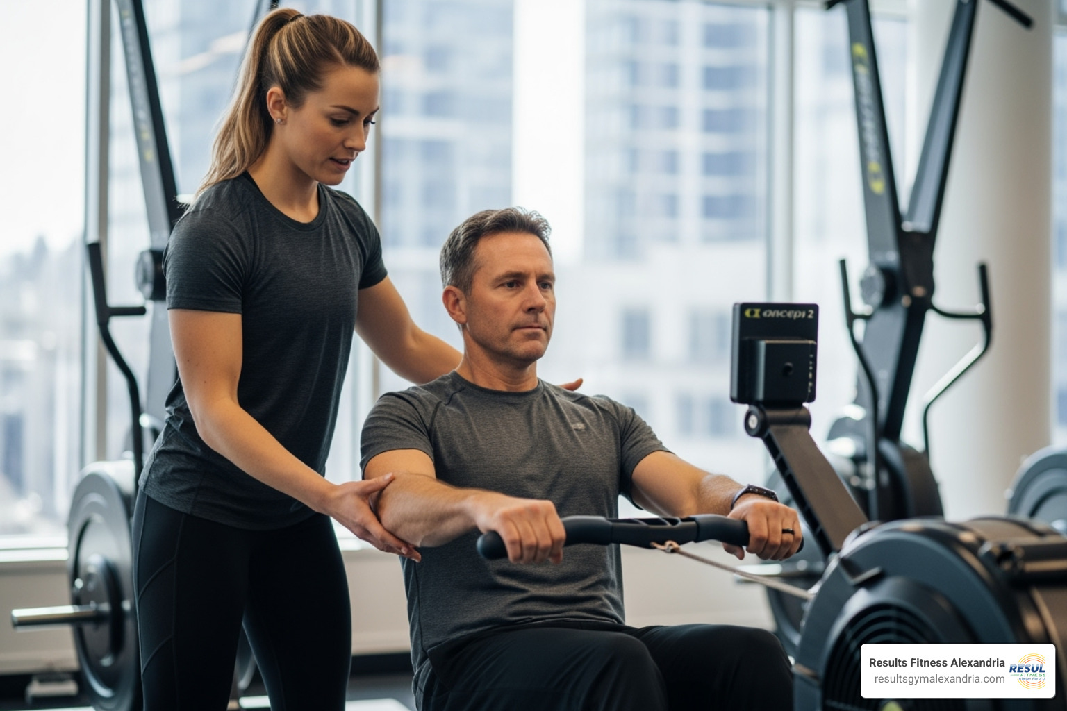 A personal trainer guiding a client on a rowing machine, demonstrating correct posture and technique. The client is engaged and focused, with the trainer offering hands-on adjustments. - Low impact cardio A personal trainer guiding a client on a rowing machine, demonstrating correct posture and technique. The client is engaged and focused, with the trainer offering hands-on adjustments. - Low impact cardio
