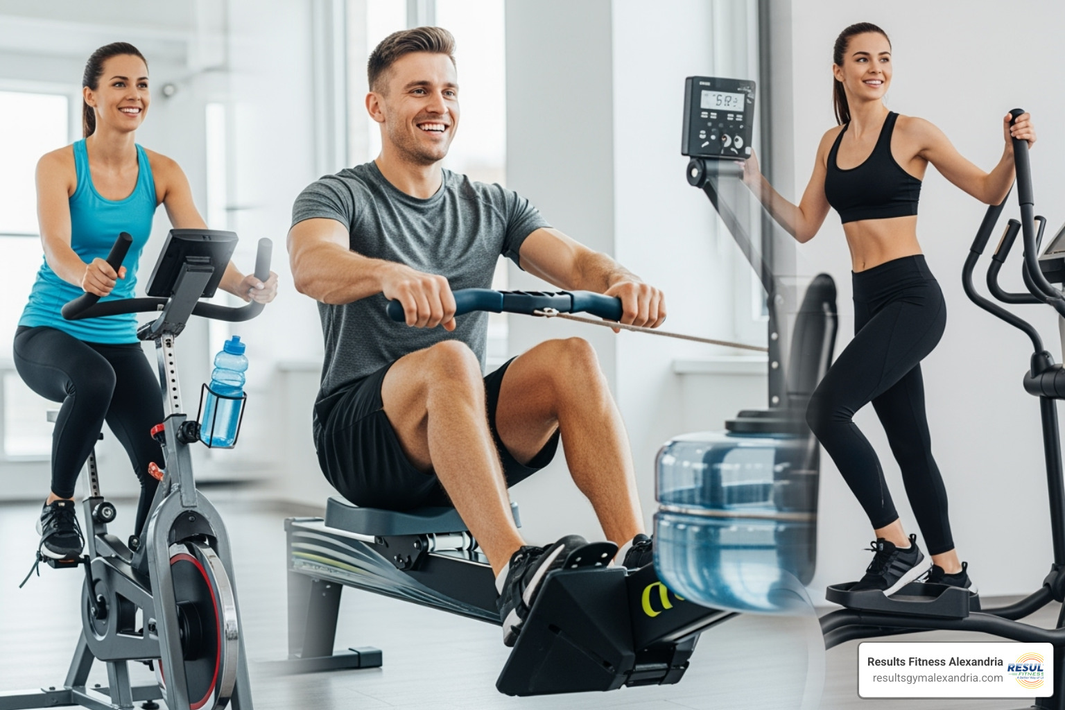 A collage image featuring various low-impact cardio machines: a person using a rowing machine, another on a stationary exercise bike, and a third on an elliptical machine, all smiling and engaged in their workouts - Low impact cardio A collage image featuring various low-impact cardio machines: a person using a rowing machine, another on a stationary exercise bike, and a third on an elliptical machine, all smiling and engaged in their workouts - Low impact cardio