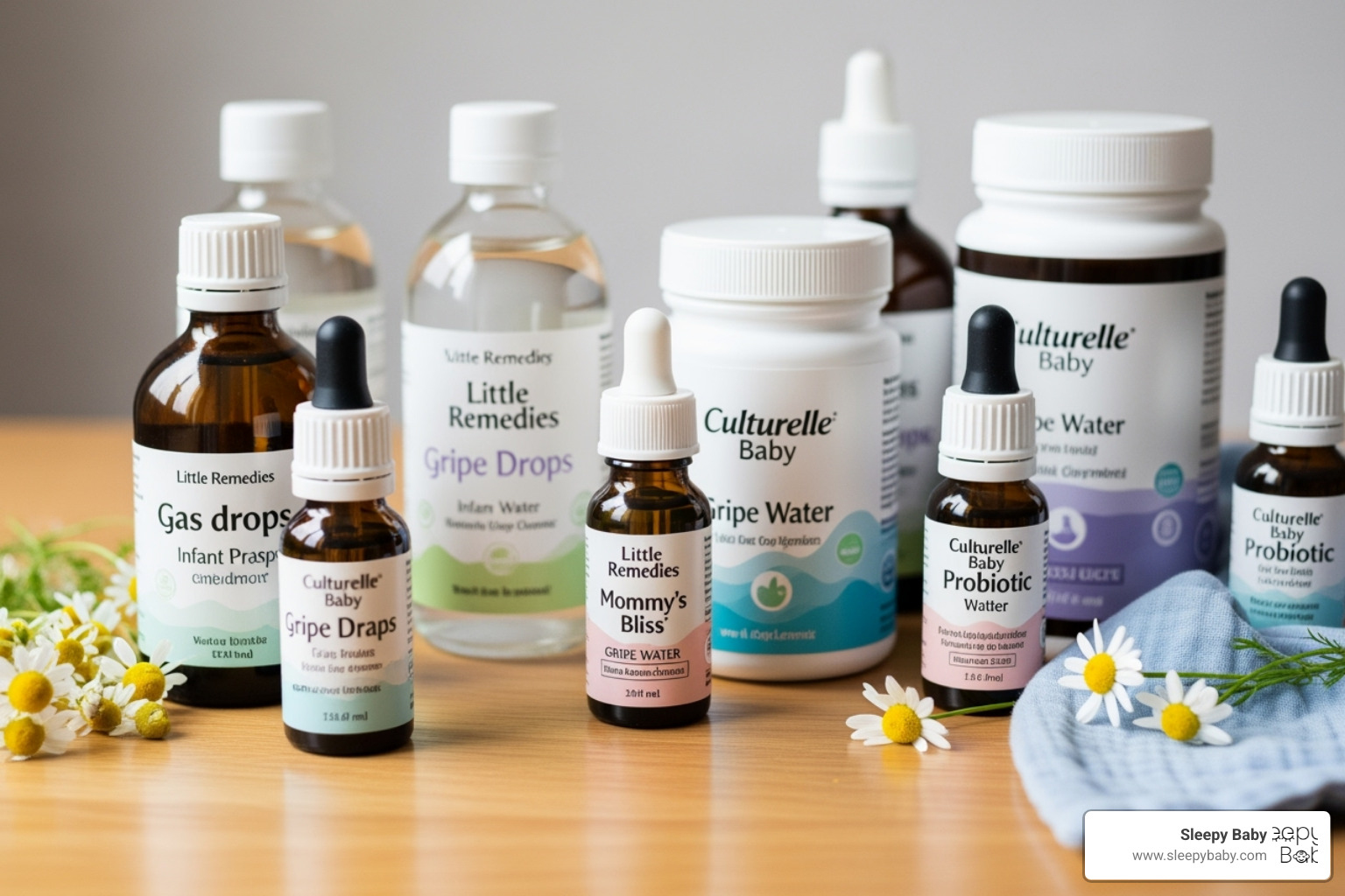 bottles of gas drops and other non-competing natural remedies - gas drops for reflux