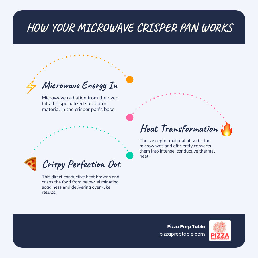 Infographic showing how a microwave pizza crisper pan works: microwave energy hits the special susceptor material in the pan base, which absorbs the microwaves and converts them into intense conductive heat that browns and crisps food from below while preventing sogginess - microwave pizza crisper infographic infographic-line-3-steps-blues-accent_colors Infographic showing how a microwave pizza crisper pan works: microwave energy hits the special susceptor material in the pan base, which absorbs the microwaves and converts them into intense conductive heat that browns and crisps food from below while preventing sogginess - microwave pizza crisper infographic infographic-line-3-steps-blues-accent_colors