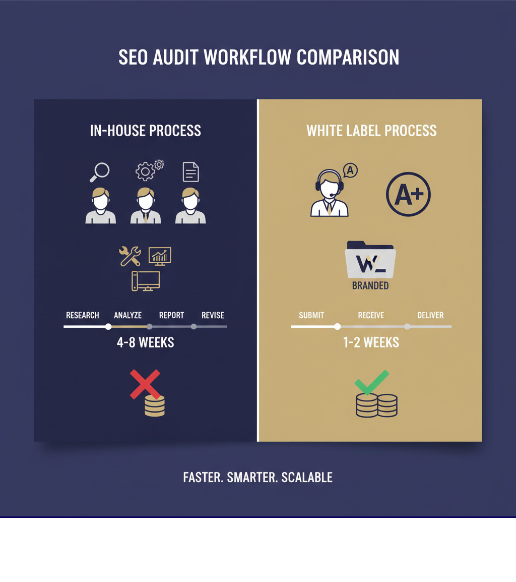 Infographic showing the workflow comparison between in-house SEO audit process with multiple team members, tools, and time requirements versus streamlined white label process with single point of contact, expert analysis, and branded deliverables - seo audit services white label infographic 