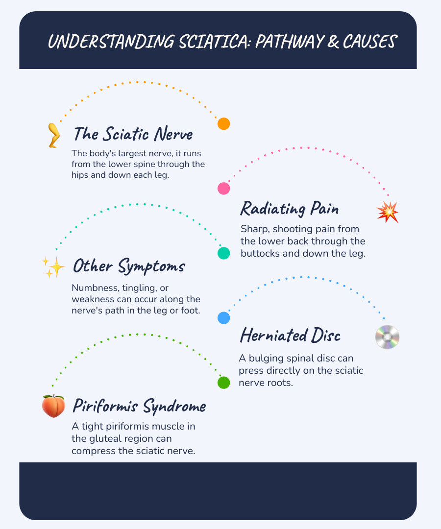 Comprehensive infographic showing the sciatic nerve pathway from lower spine through hips and legs, highlighting common compression points including herniated discs, piriformis muscle, and spinal stenosis, with arrows indicating pain radiation patterns and natural relief methods - natural sciatica relief infographic infographic-line-5-steps-blues-accent_colors