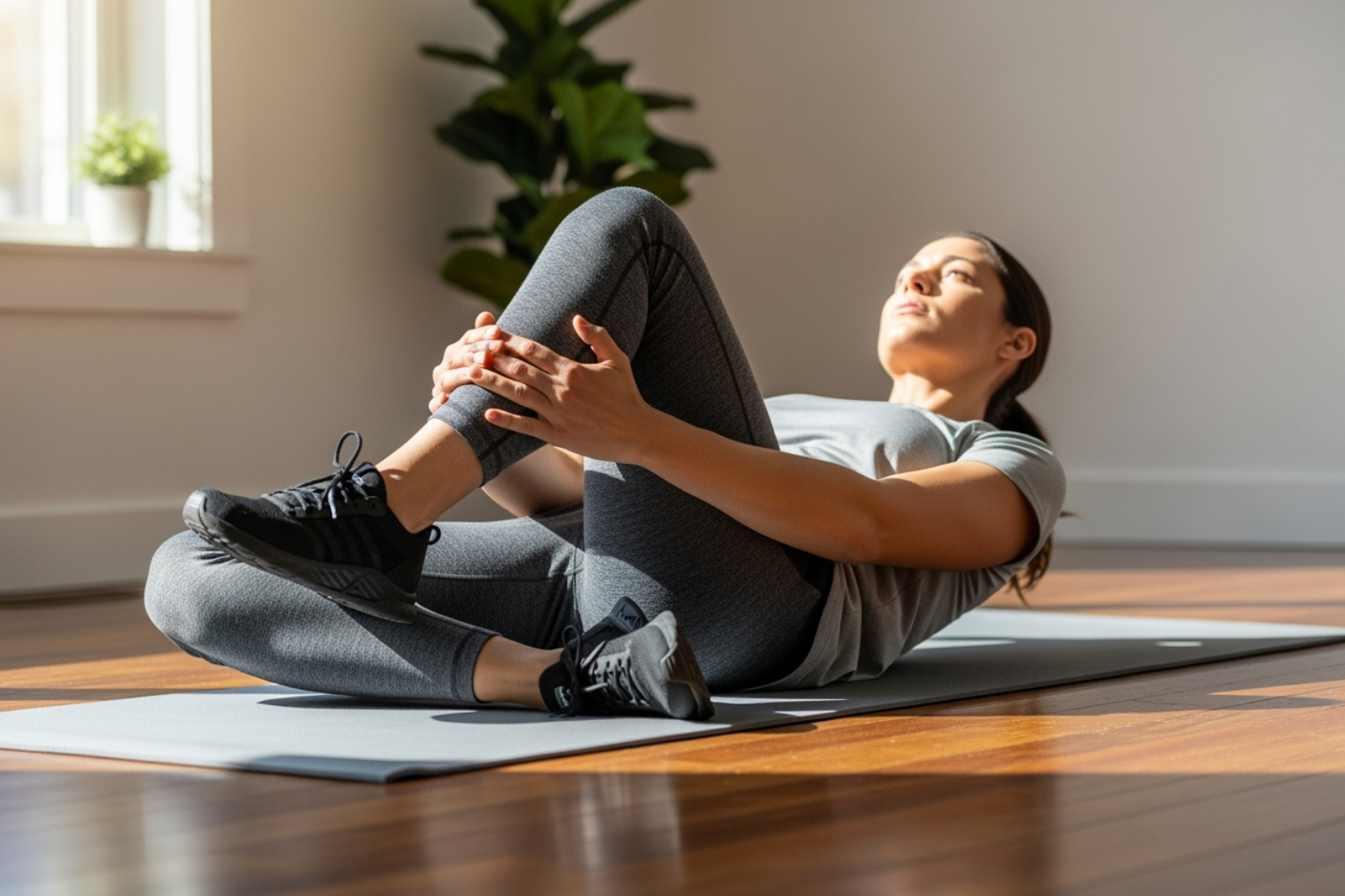 A person performing a Figure-4 stretch on the floor, looking focused and in control - natural sciatica relief