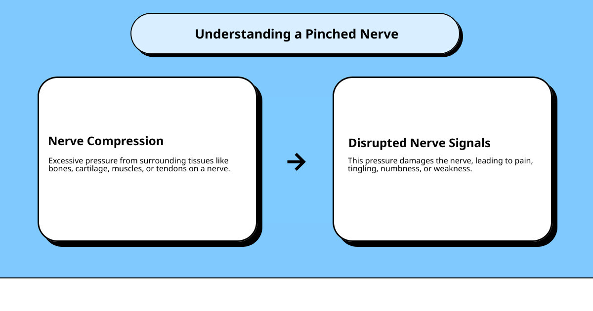 Comprehensive infographic showing a cross-section of a compressed nerve between vertebrae, bone spurs, and herniated disc material, with labeled anatomy including nerve root, spinal cord, and surrounding tissues, plus a symptom chart showing radiating pain patterns, numbness, tingling, and muscle weakness locations throughout the body - pinched nerve relief infographic cause_effect_text