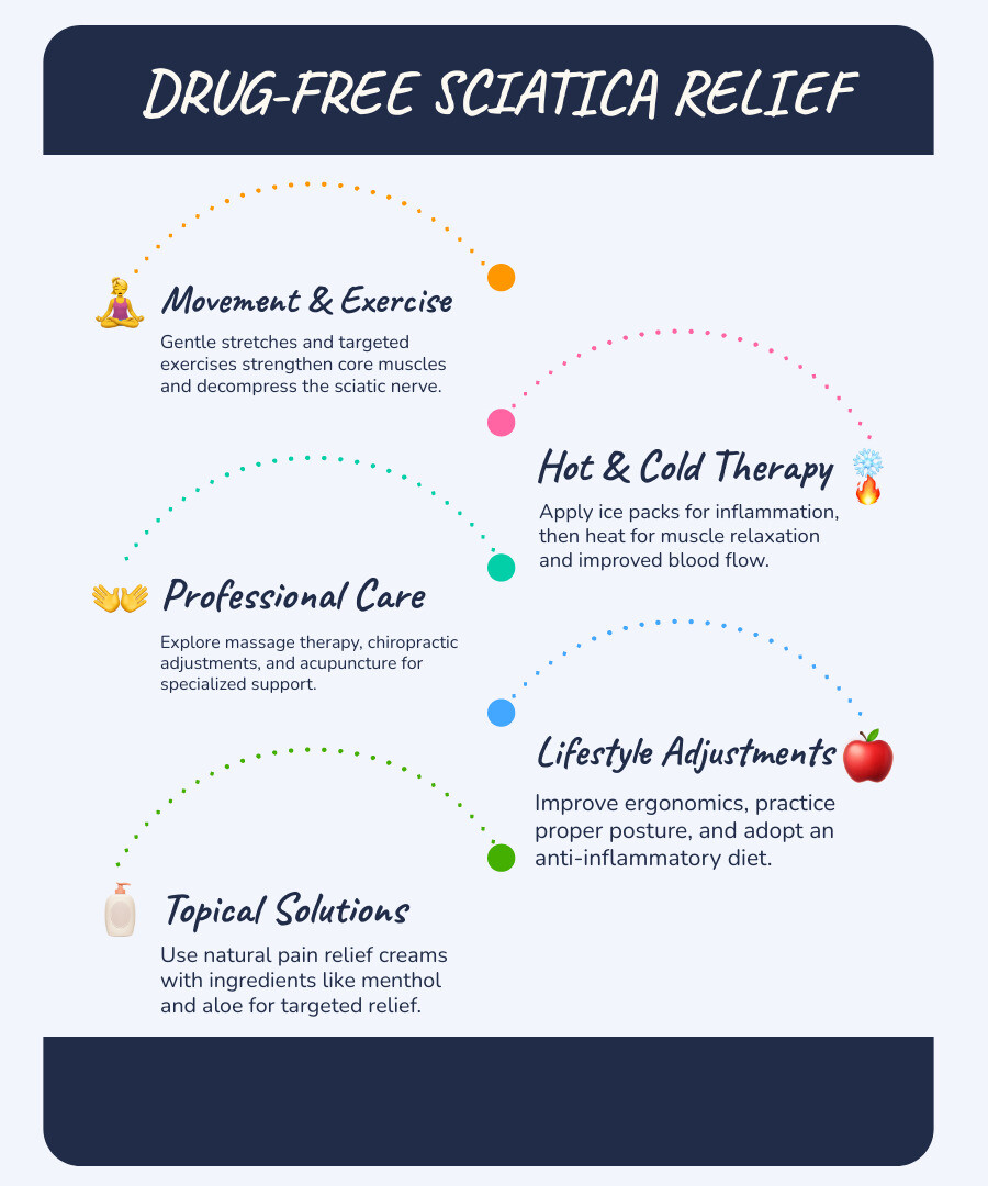 Comprehensive infographic showing the sciatic nerve pathway from lower spine through buttocks and down each leg, highlighting common compression points at the piriformis muscle, herniated disc locations, and spinal stenosis areas, with icons representing various drug-free treatment options including stretching, heat therapy, massage, and topical applications - drug free sciatica relief infographic infographic-line-5-steps-blues-accent_colors