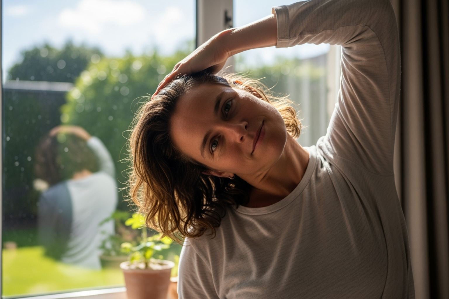 someone performing a gentle neck stretch by a window - pinched nerve relief
