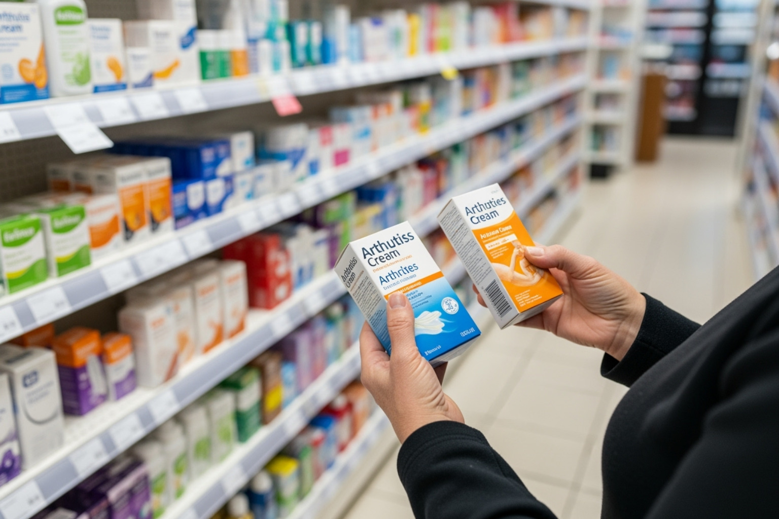 A person comparing two different arthritis cream boxes in a pharmacy aisle - anti inflammatory cream for arthritis