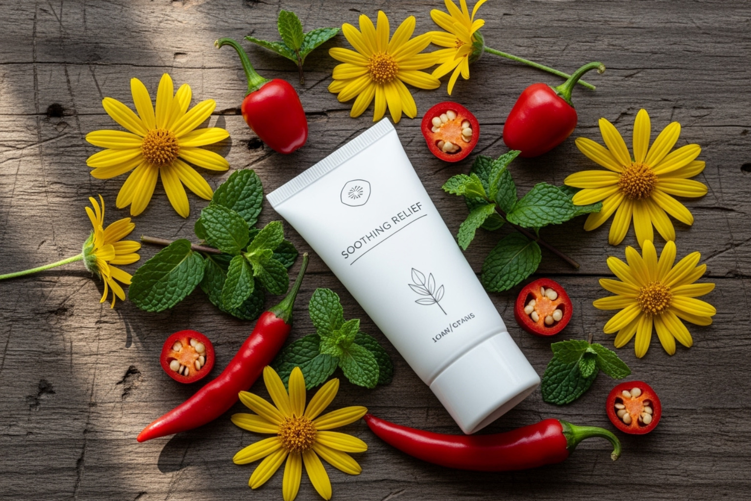 Various natural ingredients like chili peppers (capsaicin), mint leaves (menthol), and arnica flowers next to a tube of cream - anti inflammatory cream for arthritis