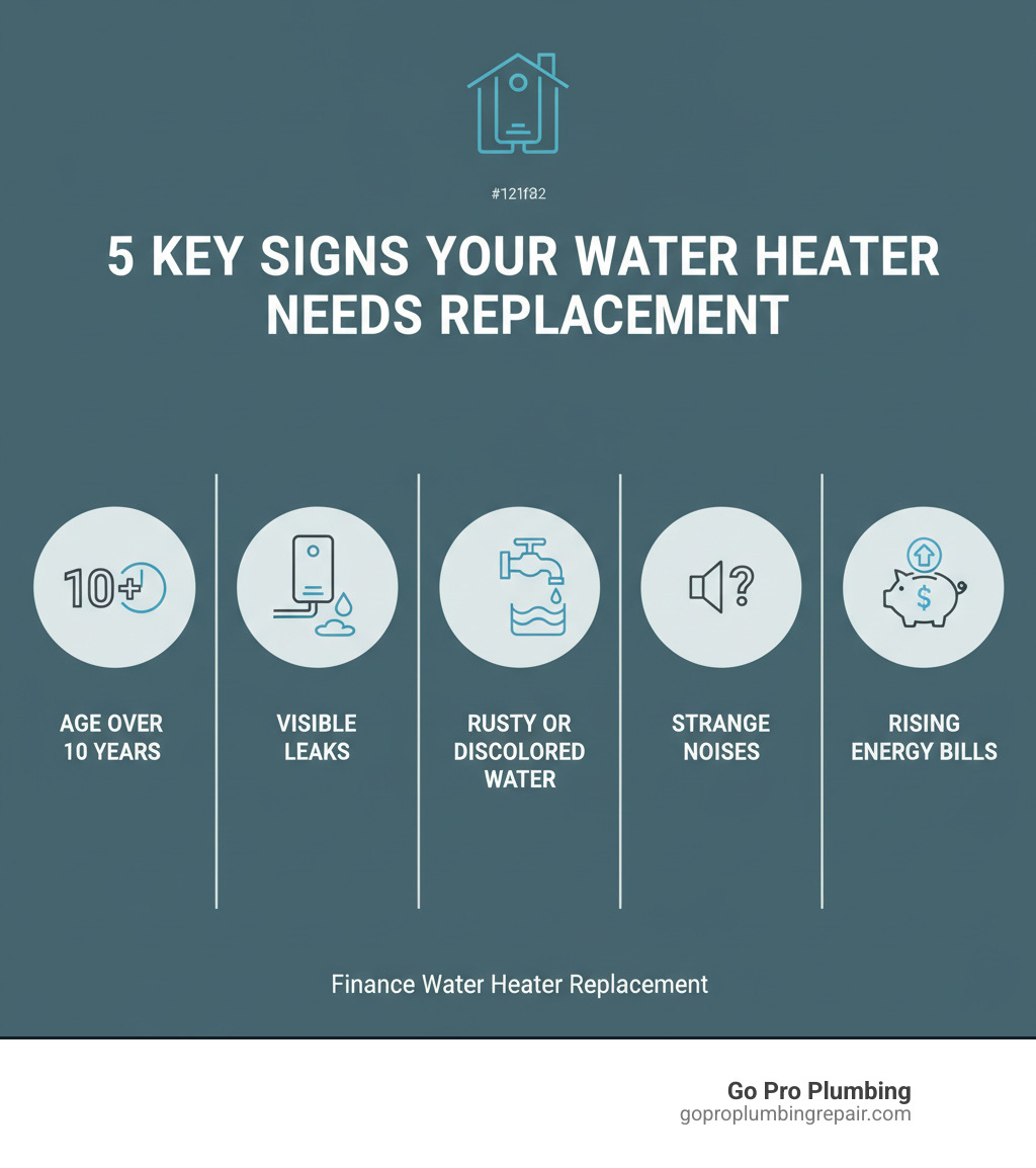 Infographic showing 5 key signs your water heater needs replacement: age over 10 years, visible leaks around the unit, rusty or discolored water, strange noises during operation, and steadily rising energy bills - finance water heater replacement infographic 