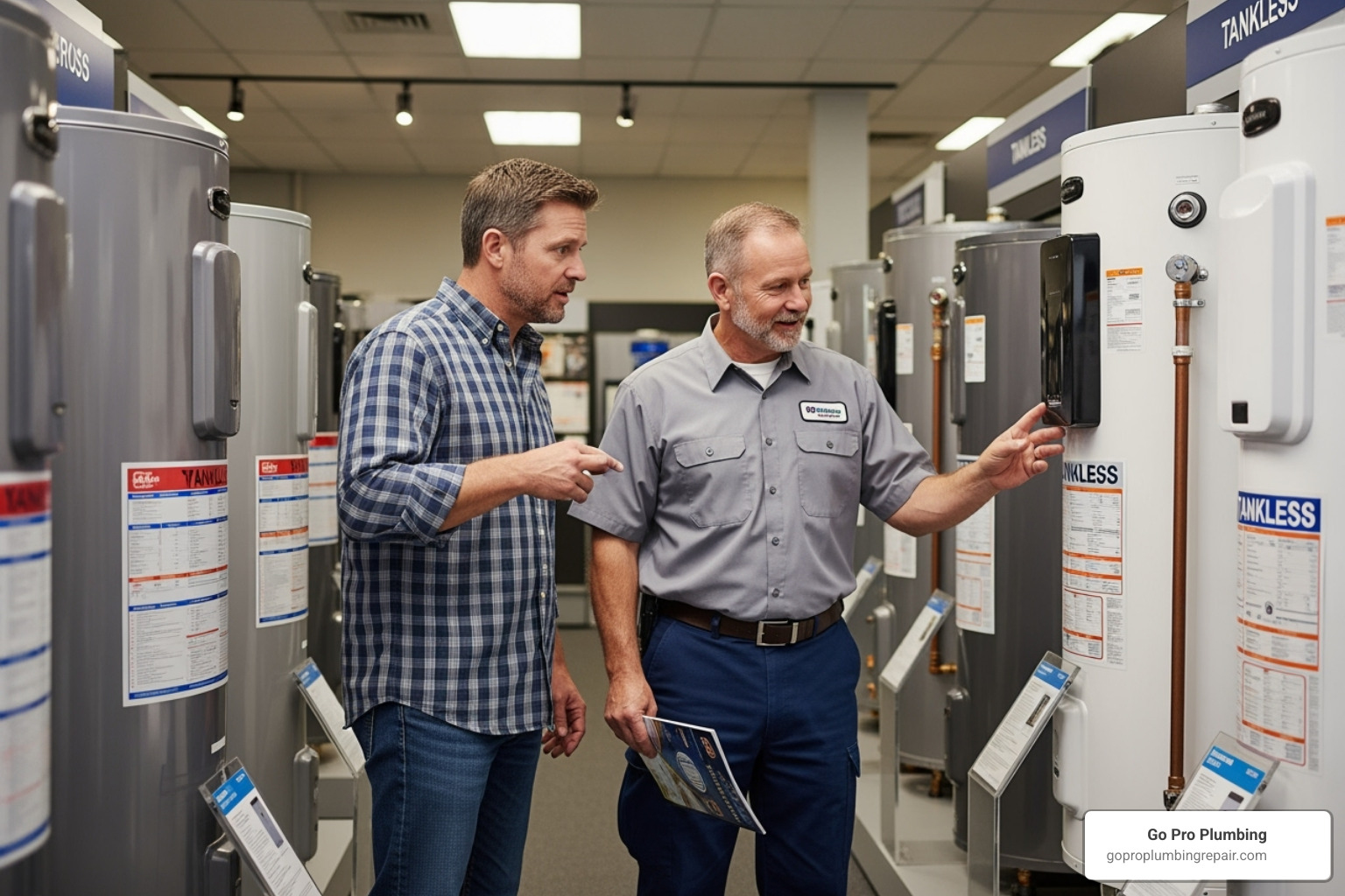 homeowner and a plumber looking at different water heater models in a showroom - finance water heater replacement