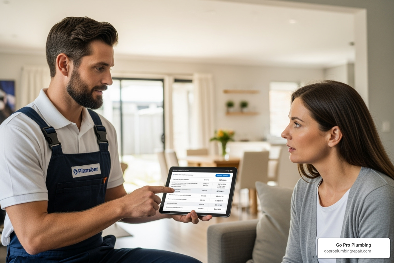 plumber providing a homeowner with a detailed quote on a tablet - finance water heater replacement