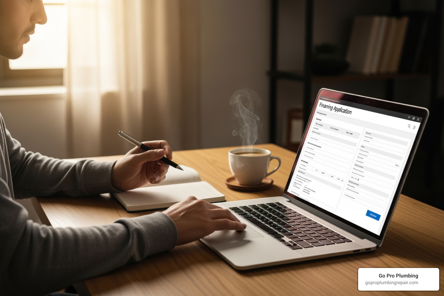 person filling out a financing application on a laptop - finance water heater replacement