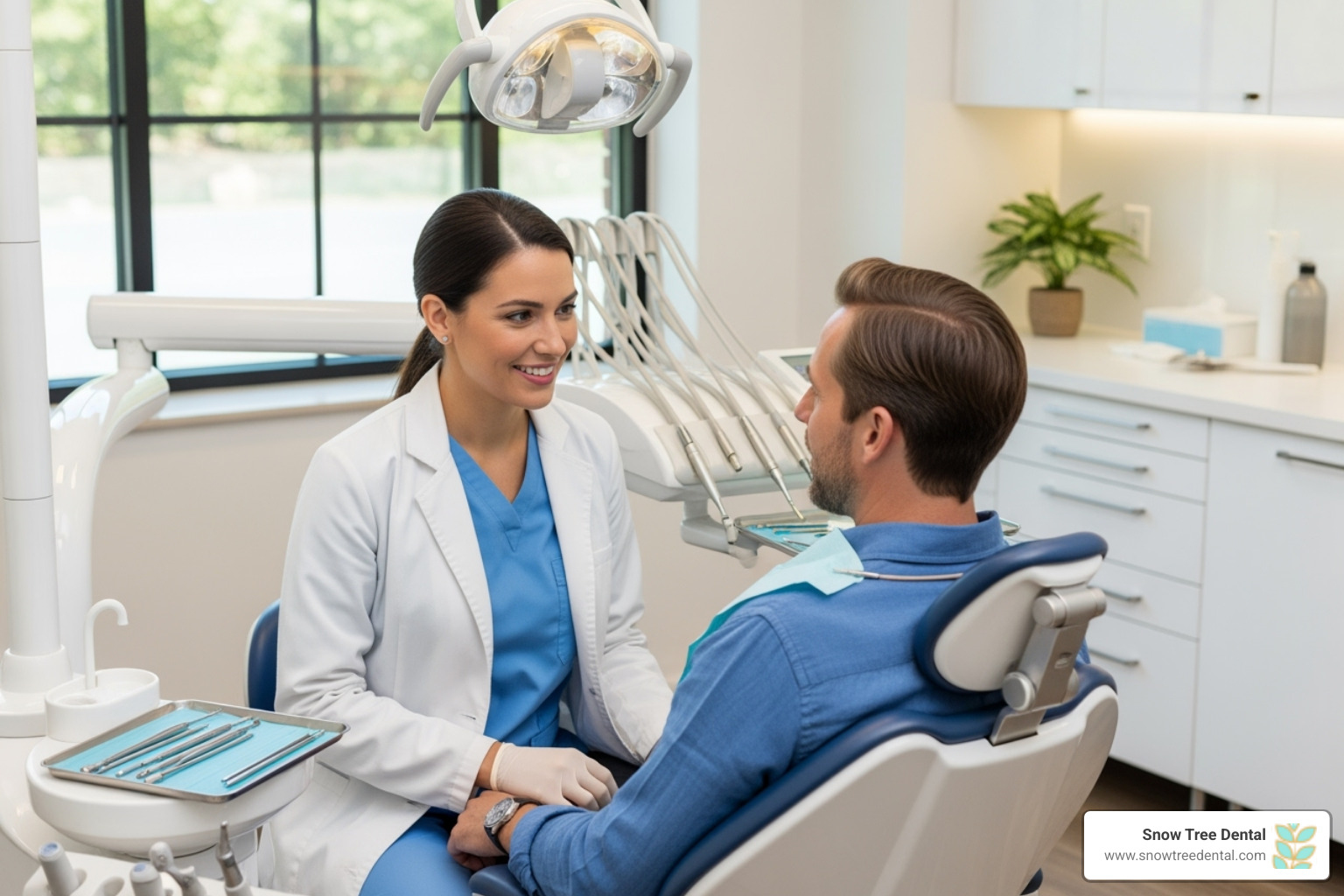 A compassionate dentist attentively listening to and answering a patient's questions about their dental health - emergency dentist houston