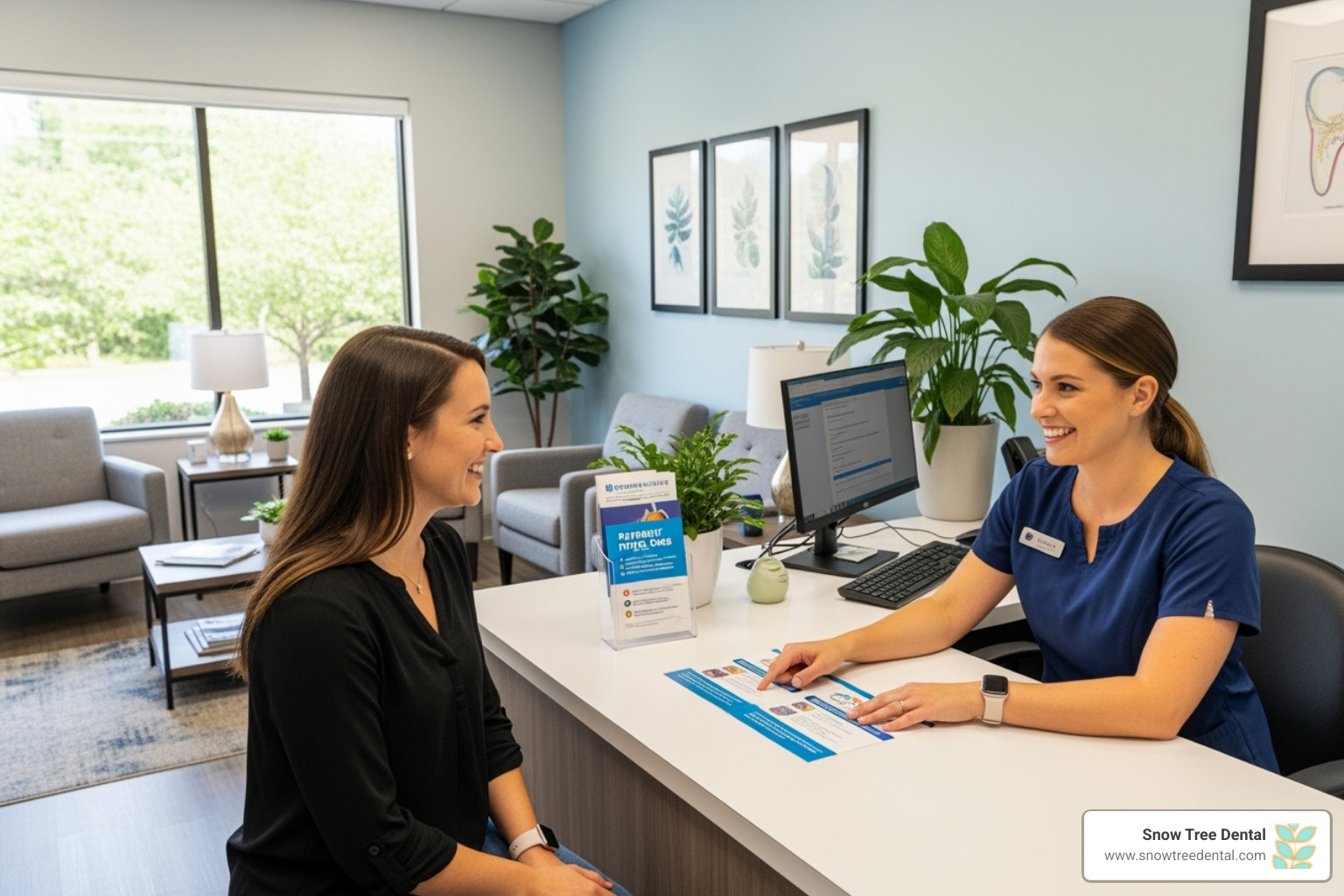 A patient discussing payment options with a friendly dental receptionist at a modern dental office - emergency dentist houston