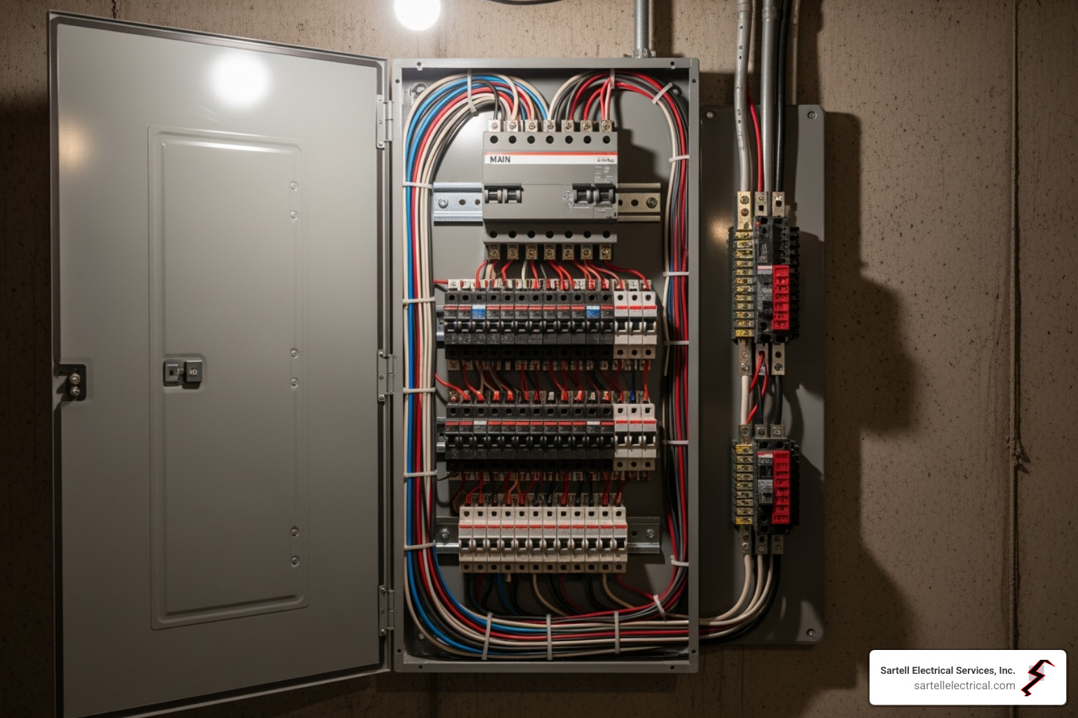 open electrical panel with components labeled - cost to change out electrical panel