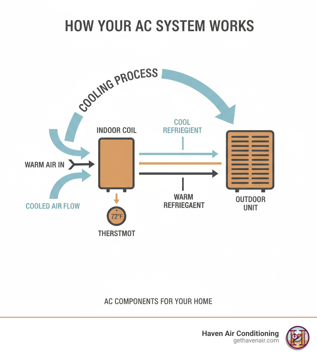 Infographic showing the key components of an air conditioning system including the outdoor condenser unit, indoor evaporator coil, refrigerant lines, and thermostat, with arrows indicating airflow and cooling process - ac repair irvine infographic Infographic showing the key components of an air conditioning system including the outdoor condenser unit, indoor evaporator coil, refrigerant lines, and thermostat, with arrows indicating airflow and cooling process - ac repair irvine infographic