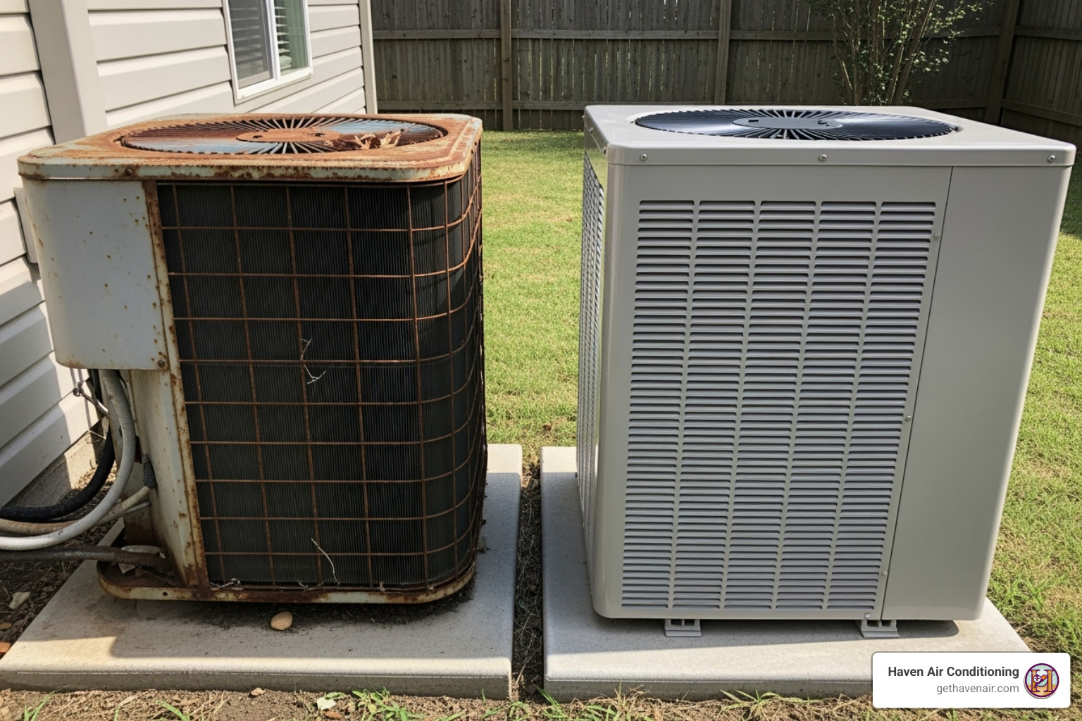 Old rusty outdoor AC unit next to a sleek, modern one - ac repair irvine Old rusty outdoor AC unit next to a sleek, modern one - ac repair irvine