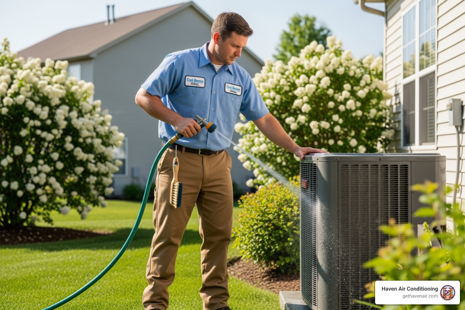 Technician cleaning an outdoor AC unit's coils - ac repair irvine Technician cleaning an outdoor AC unit's coils - ac repair irvine