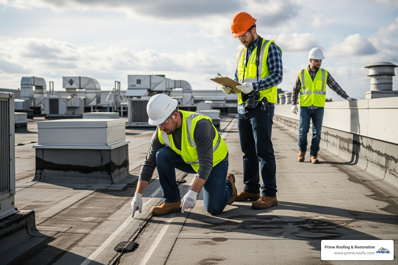 A professional roofing team in full safety gear conducting an inspection on a commercial roof. - commercial flat roofing companies near me A professional roofing team in full safety gear conducting an inspection on a commercial roof. - commercial flat roofing companies near me