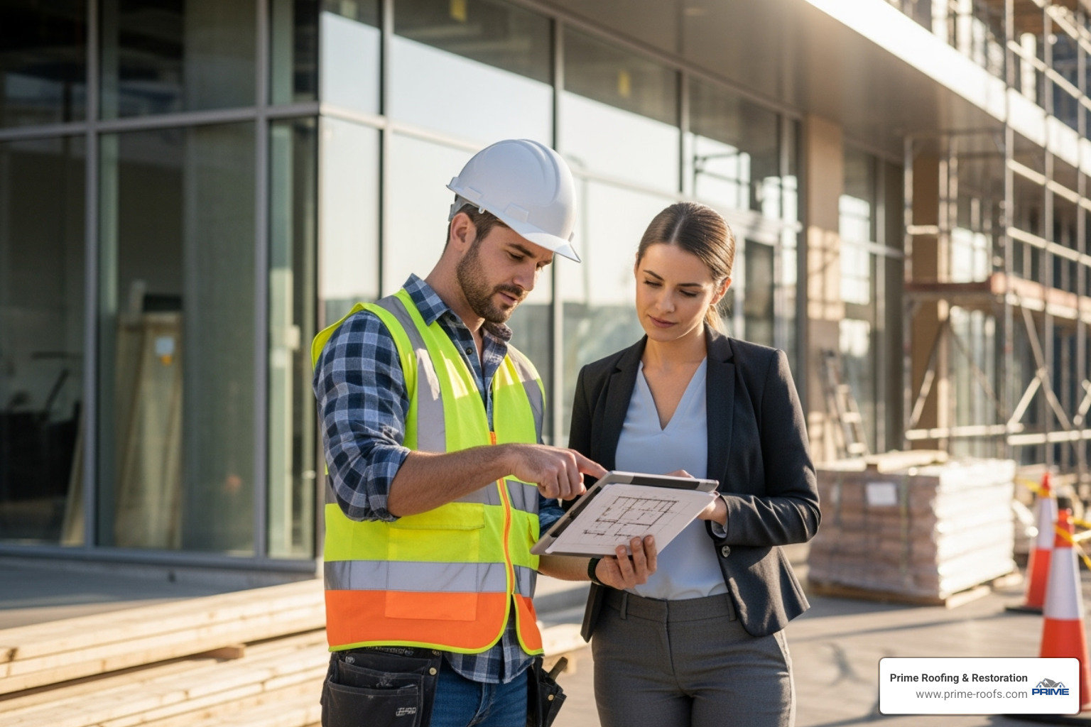 A contractor and a business owner reviewing plans on a tablet computer against the backdrop of a commercial building. - commercial flat roofing companies near me A contractor and a business owner reviewing plans on a tablet computer against the backdrop of a commercial building. - commercial flat roofing companies near me