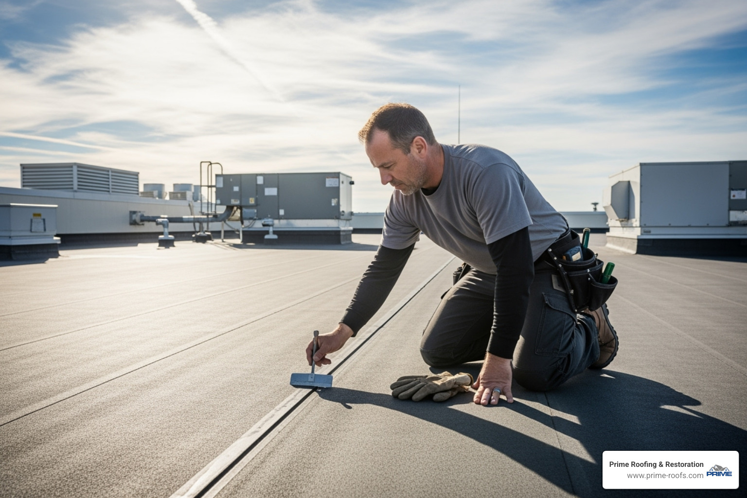 A roofer performing a routine maintenance check on a clean flat roof, checking a seam. - commercial flat roofing companies near me A roofer performing a routine maintenance check on a clean flat roof, checking a seam. - commercial flat roofing companies near me