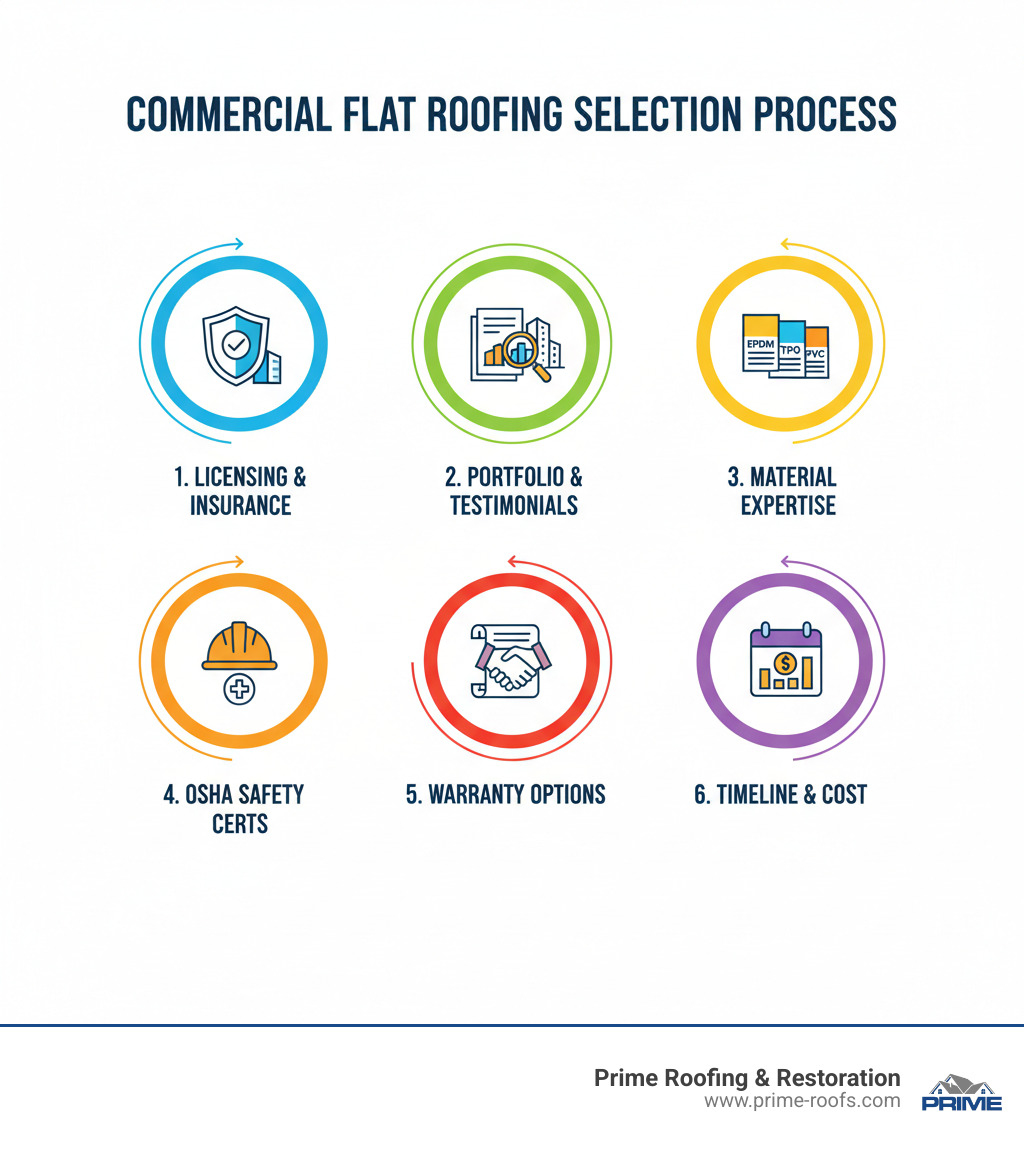 Infographic showing the commercial flat roofing selection process: 1) Verify licensing and insurance credentials, 2) Review local project portfolio and customer testimonials, 3) Compare material expertise across EPDM, TPO, and PVC systems, 4) Confirm OSHA safety certifications, 5) Evaluate warranty options for both materials and workmanship, 6) Request detailed project timeline and cost breakdown - commercial flat roofing companies near me infographic Infographic showing the commercial flat roofing selection process: 1) Verify licensing and insurance credentials, 2) Review local project portfolio and customer testimonials, 3) Compare material expertise across EPDM, TPO, and PVC systems, 4) Confirm OSHA safety certifications, 5) Evaluate warranty options for both materials and workmanship, 6) Request detailed project timeline and cost breakdown - commercial flat roofing companies near me infographic
