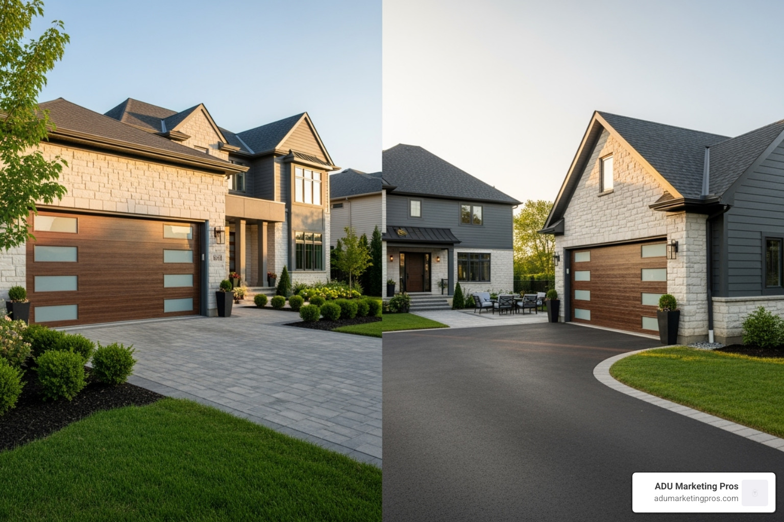 split-screen view: one side features a home with a seamlessly integrated attached garage, the other side shows a home with a separate, stylish detached garage in the backyard - garage addition cost calculator
