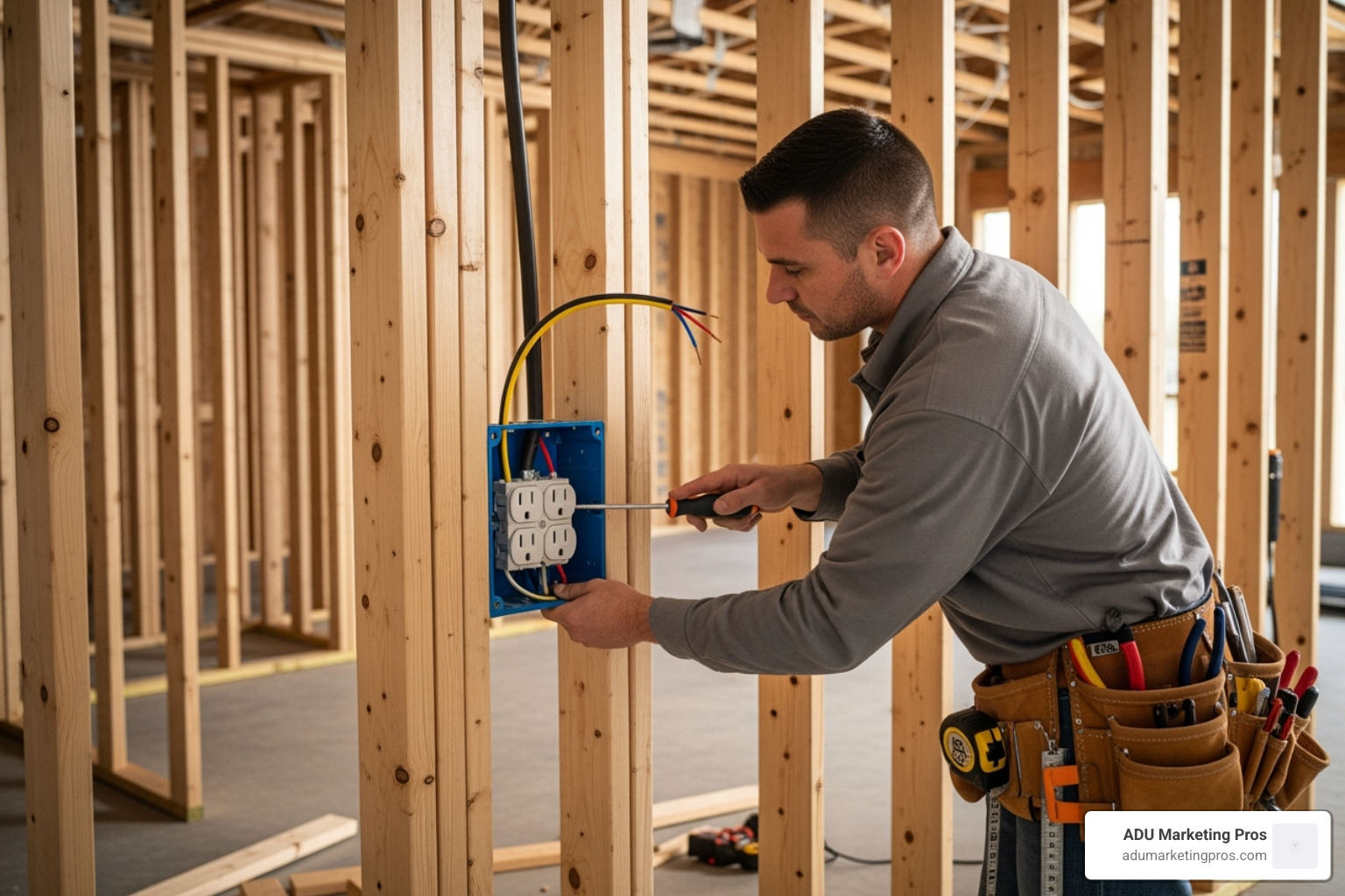 electrician installing a 240V outlet for an EV charger in a newly framed garage - garage addition cost calculator