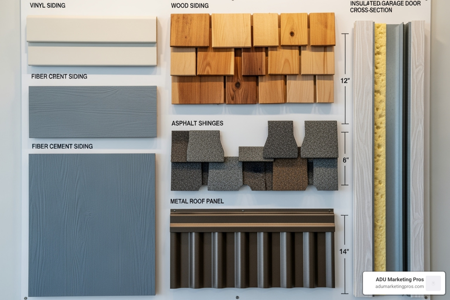 material selection board showing samples of vinyl siding, fiber cement, wood siding, asphalt shingles, a metal roof panel, and a small cross-section of an insulated garage door - garage addition cost calculator