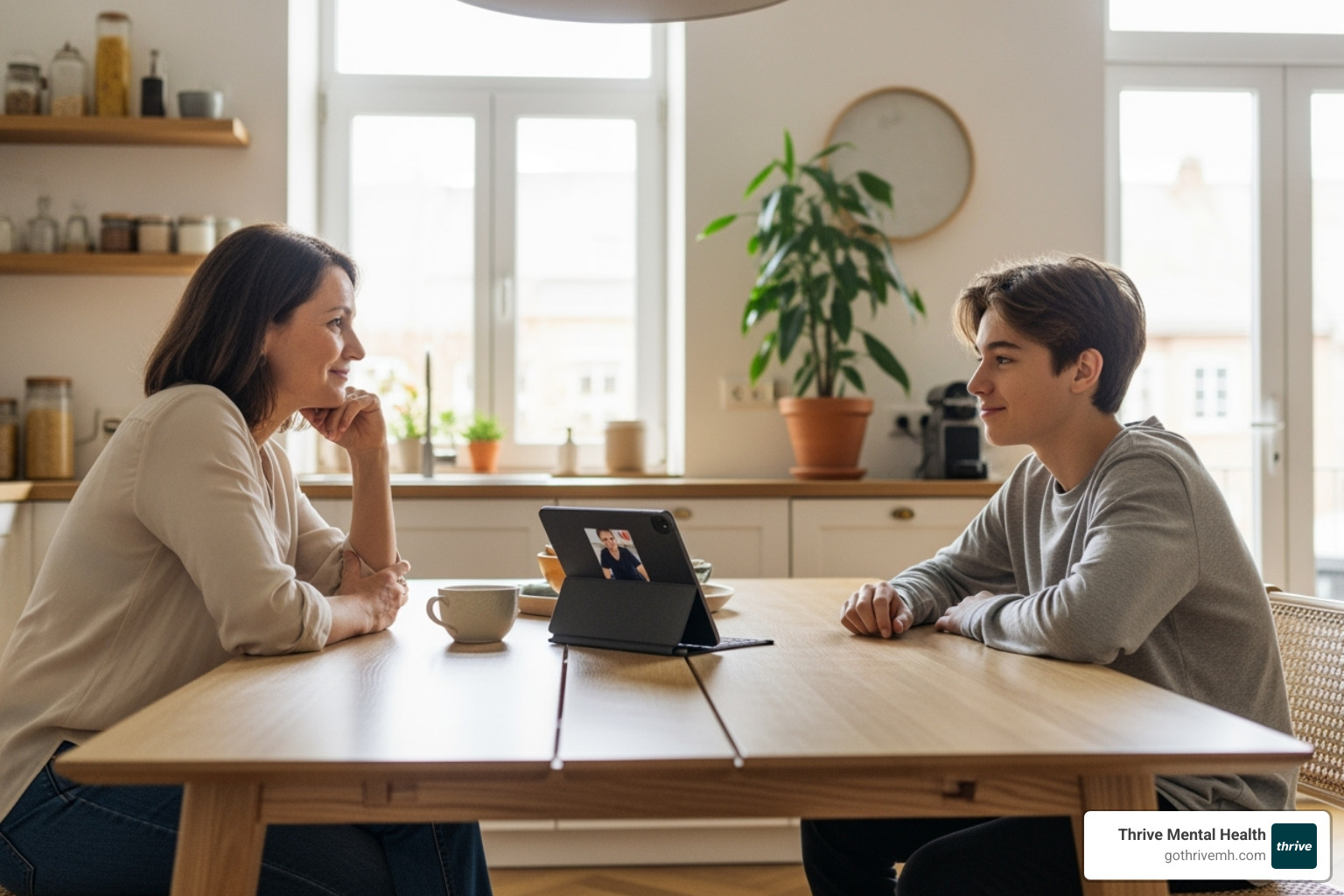 Parent and teen sitting together at a kitchen table, looking relieved while on a video call with a therapist. Alt text: "Parent and teen attending virtual IOP for teens session from home." - virtual IOP for teens