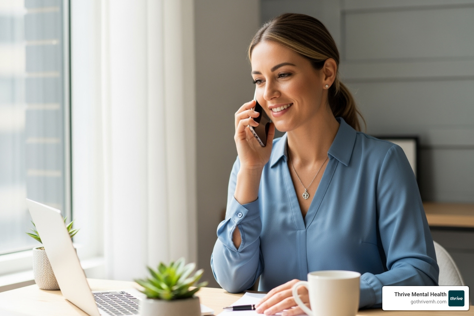 Friendly admissions coordinator on the phone. Alt text: "Thrive Mental Health admissions coordinator helping family enroll in virtual IOP for teens." - virtual IOP for teens