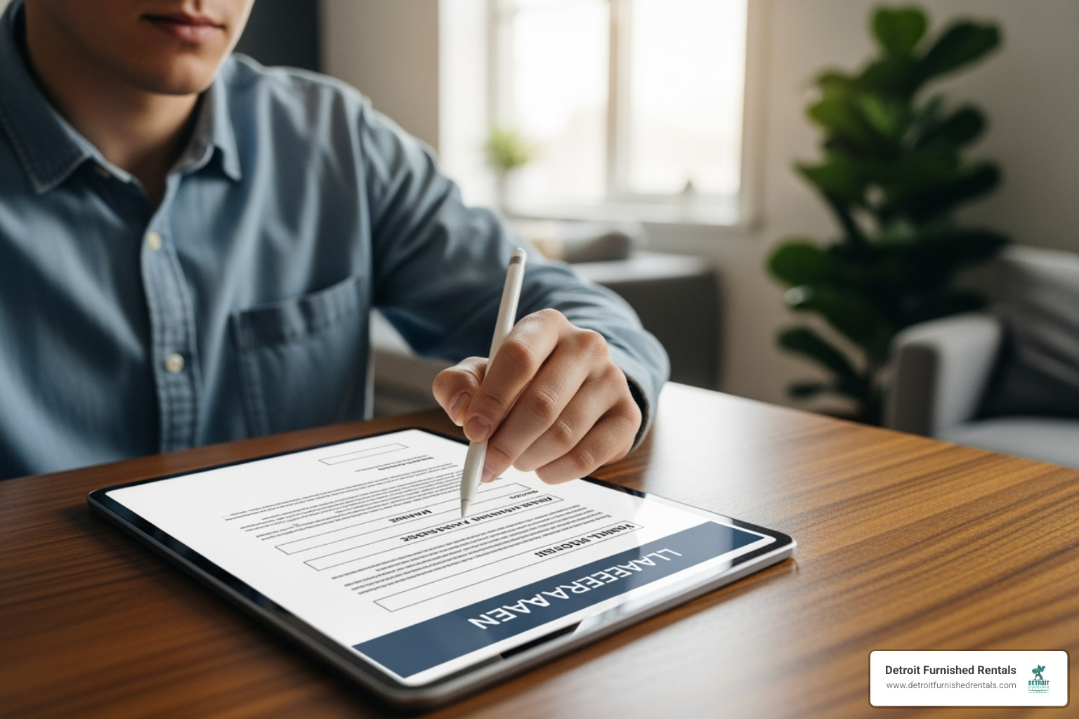 A person signing a lease agreement online - Detroit intern housing