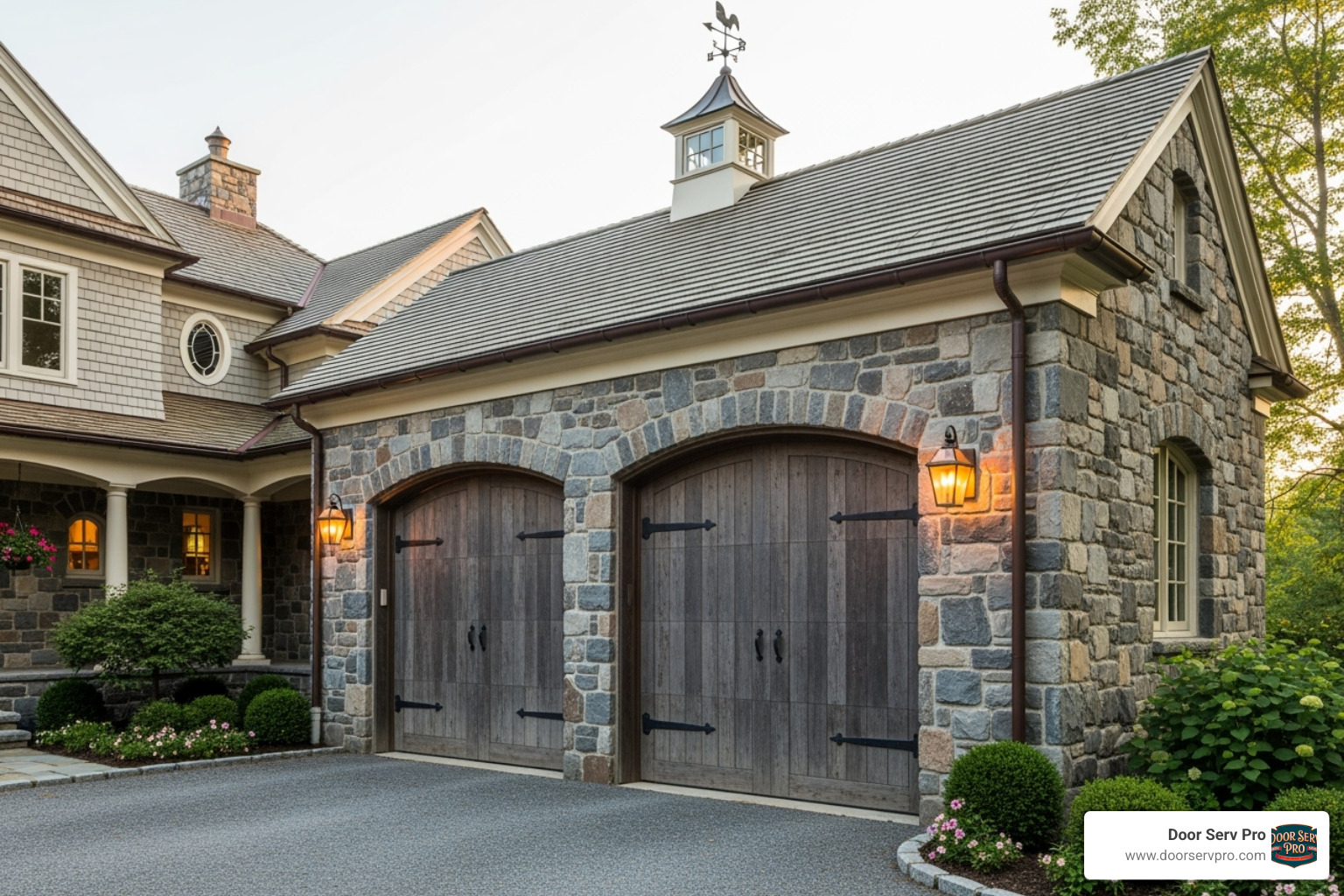 rustic, carriage-house style garage with wooden doors and stone accents - custom garage designs