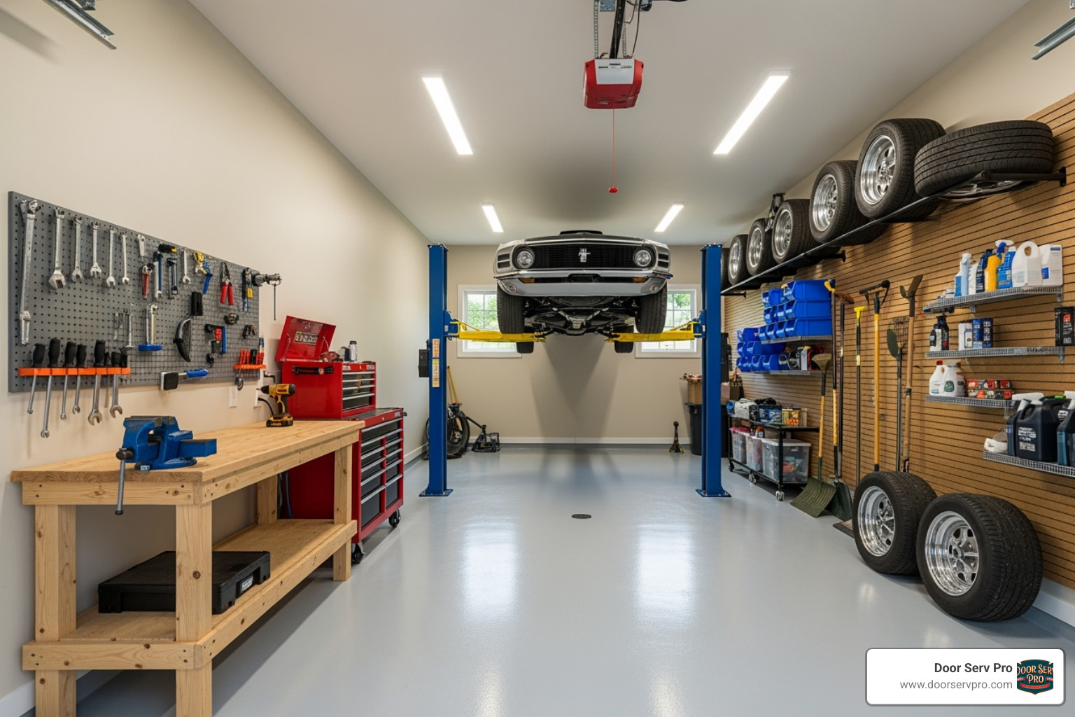 well-organized garage interior with a car lift, workshop bench, and slatwall storage - custom garage designs