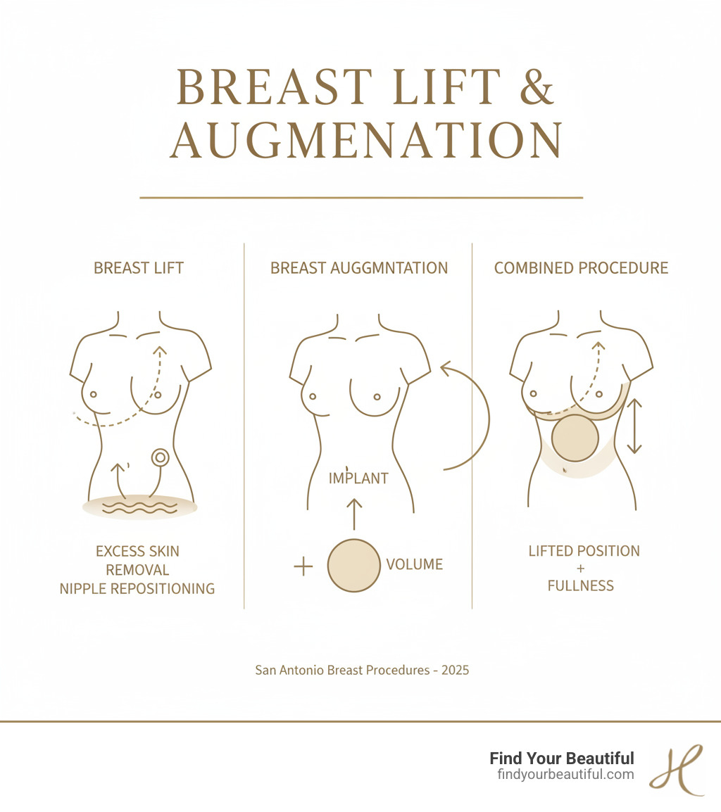 Infographic showing breast lift removing excess skin and repositioning nipples while breast augmentation adds implants for volume, with combined procedure achieving both lifted position and increased fullness - san antonio breast lift and augmentation infographic 