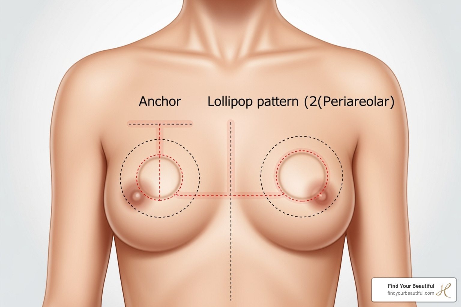 Illustration of common breast lift incision patterns (anchor, lollipop, donut) - san antonio breast lift and augmentation