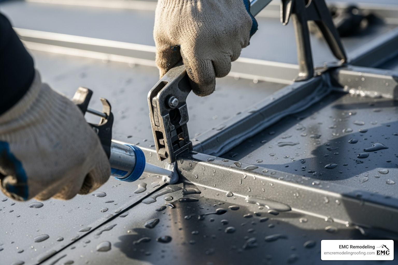 roofer carefully sealing a seam on a metal roof - standing seam metal roof repair near me