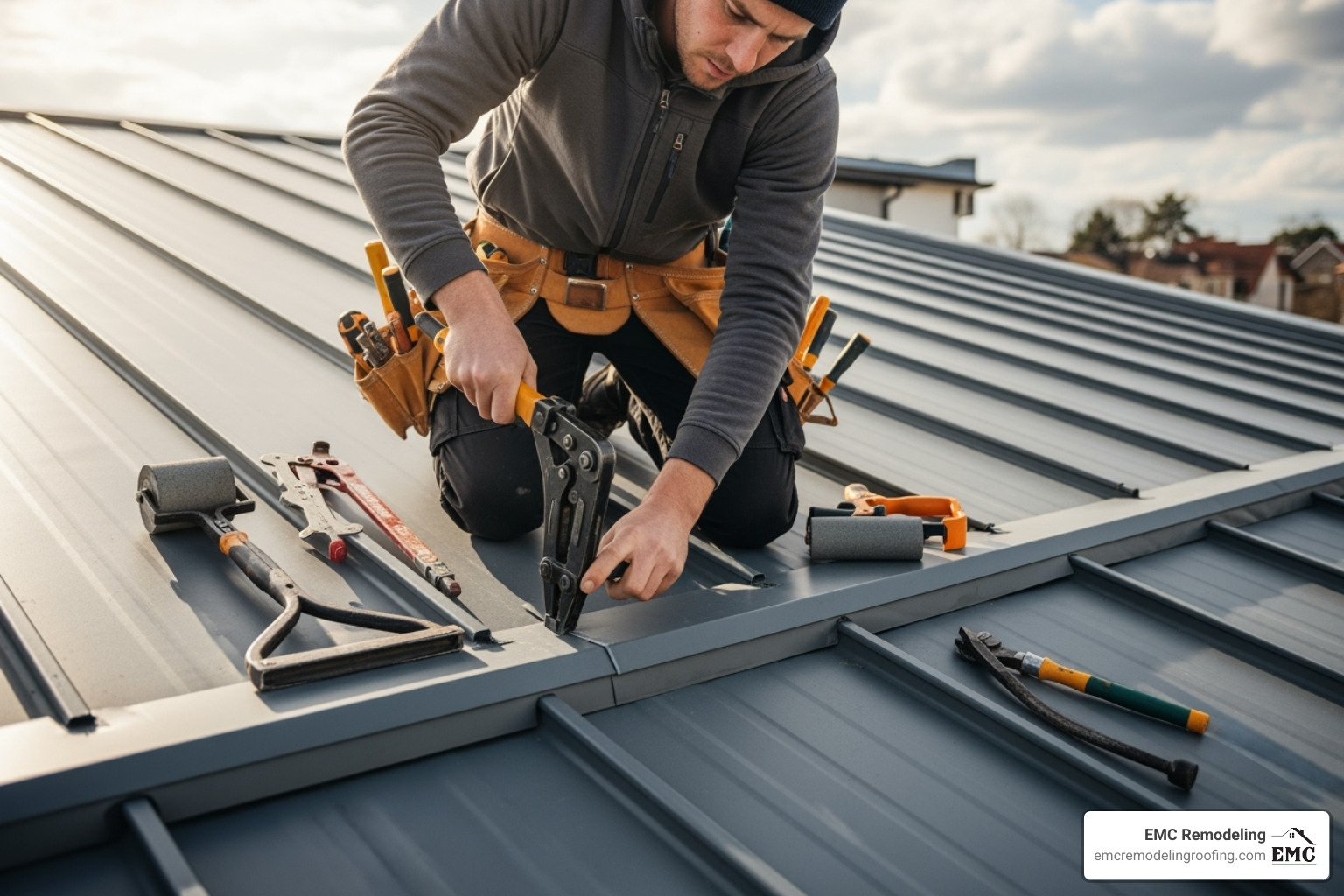 professional roofer with specialized tools - standing seam metal roof repair near me