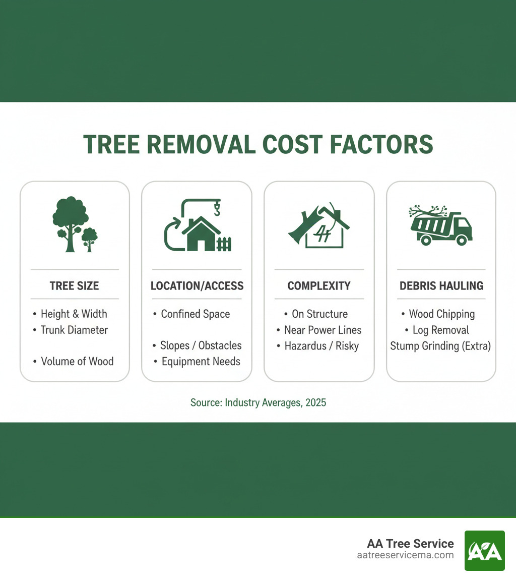 TABLE comparing cost factors for tree removal: Tree Size, Location/Access, Complexity (e.g., on a house), and Debris Hauling - who removes trees after a storm infographic TABLE comparing cost factors for tree removal: Tree Size, Location/Access, Complexity (e.g., on a house), and Debris Hauling - who removes trees after a storm infographic