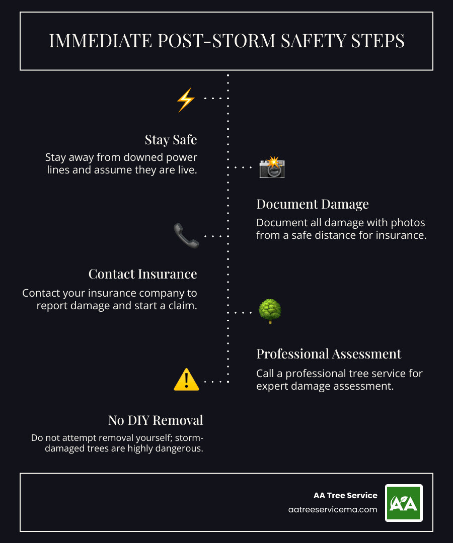 Infographic showing immediate post-storm safety steps: 1. Stay away from downed power lines, 2. Document damage with photos from a safe distance, 3. Contact your insurance company, 4. Call a professional tree service for assessment, 5. Do not attempt removal yourself - who removes trees after a storm infographic infographic-line-5-steps-dark Infographic showing immediate post-storm safety steps: 1. Stay away from downed power lines, 2. Document damage with photos from a safe distance, 3. Contact your insurance company, 4. Call a professional tree service for assessment, 5. Do not attempt removal yourself - who removes trees after a storm infographic infographic-line-5-steps-dark