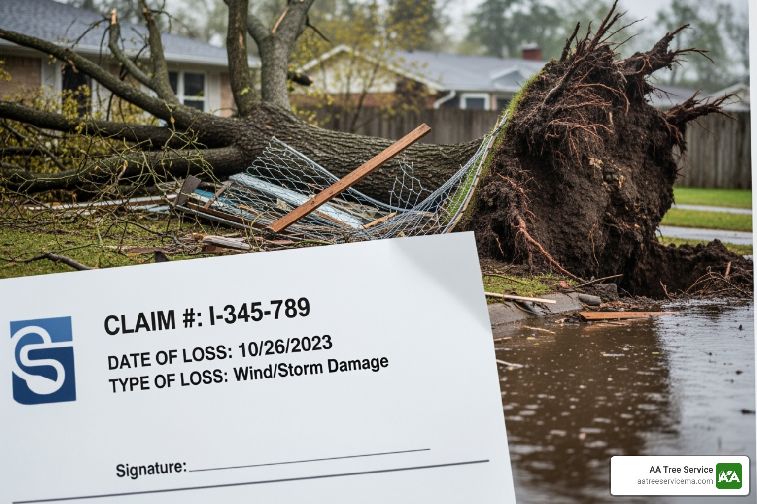 of an insurance document next to a photo of a fallen tree - who removes trees after a storm of an insurance document next to a photo of a fallen tree - who removes trees after a storm