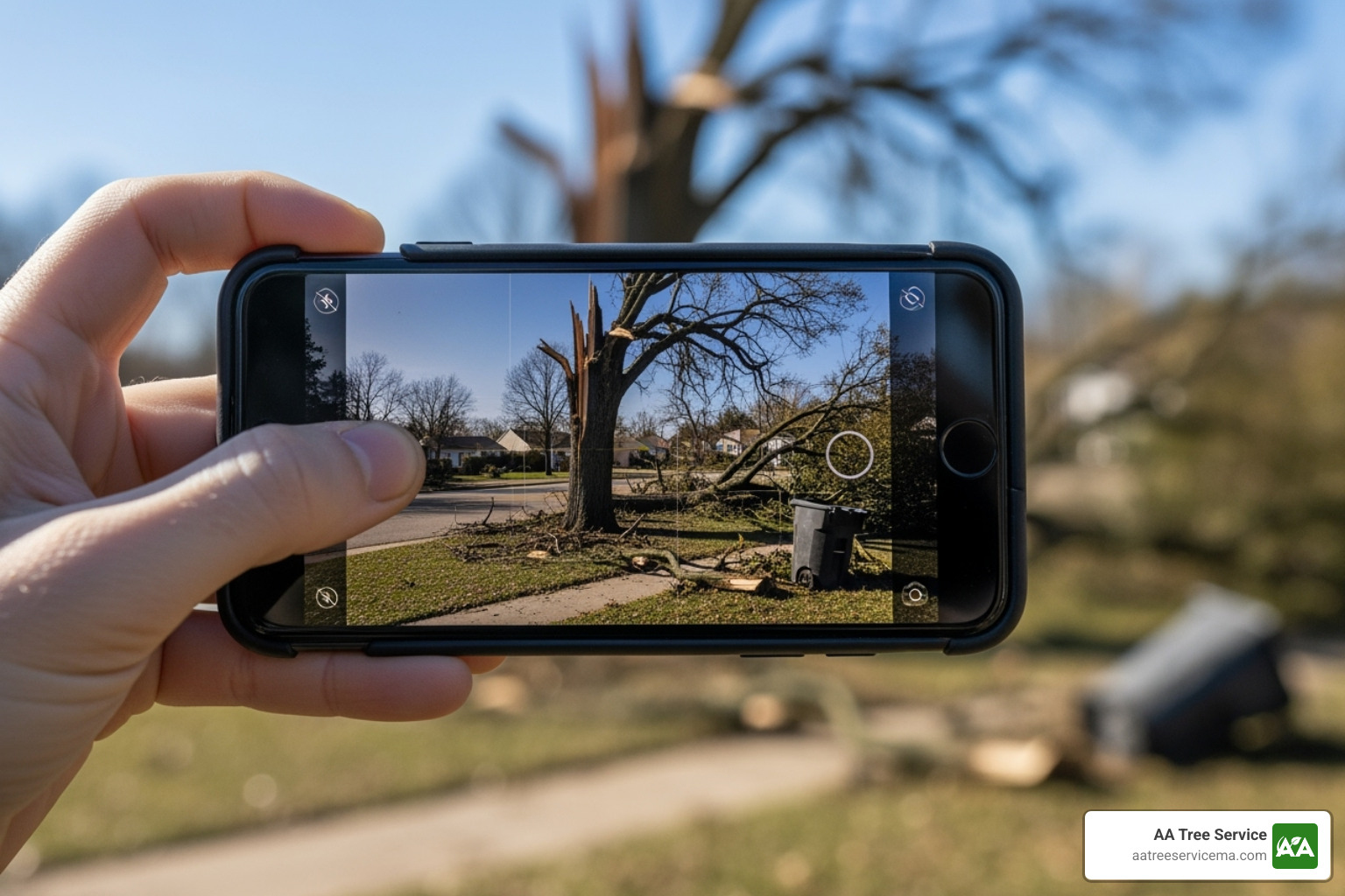 of a person from a safe distance taking a photo of a damaged tree with their phone; Damage assessment; Safety precautions; Insurance documentation. - who removes trees after a storm of a person from a safe distance taking a photo of a damaged tree with their phone; Damage assessment; Safety precautions; Insurance documentation. - who removes trees after a storm