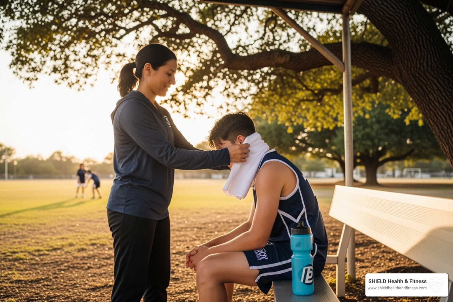coach assisting athlete in shade with cold towel - how athletes stay cool in the summer