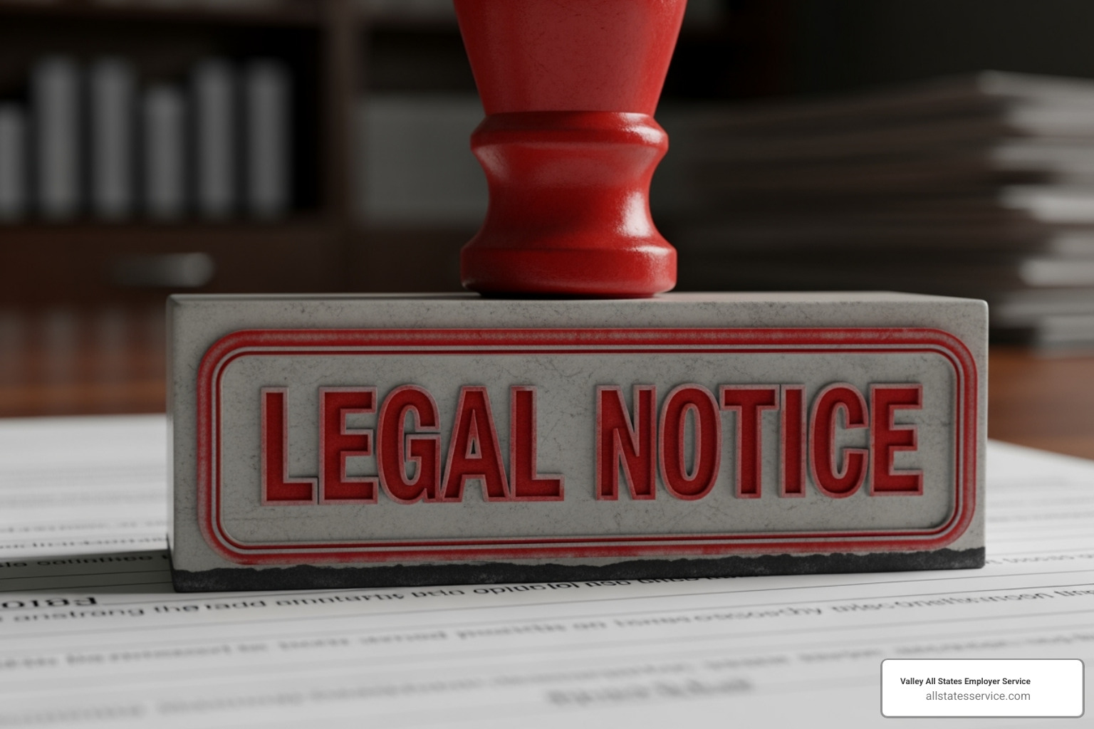 A red stamp indicating "LEGAL NOTICE" over a blurred document, symbolizing fines and legal issues - Employment compliance solutions