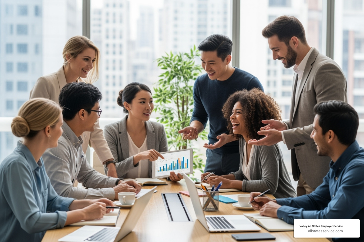 A diverse group of professionals collaborating happily in a modern office environment - Employment compliance solutions