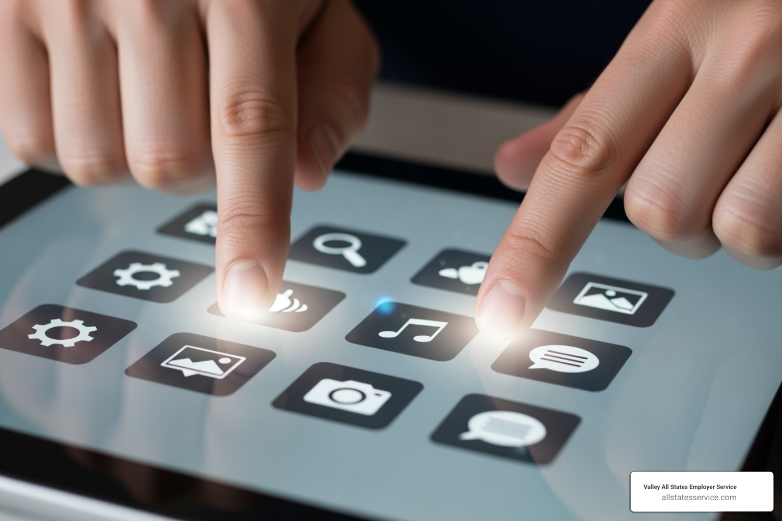 A person's hands hovering over a tablet displaying various compliance software options, symbolizing the decision-making process - Employment compliance solutions