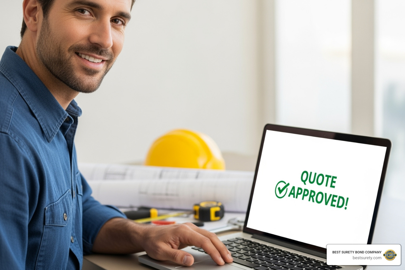 A contractor happily applying for a bond online, with a "Quote Approved!" message prominently displayed on their laptop screen, illustrating the ease and speed of the online application process. - contractors bond cost A contractor happily applying for a bond online, with a "Quote Approved!" message prominently displayed on their laptop screen, illustrating the ease and speed of the online application process. - contractors bond cost
